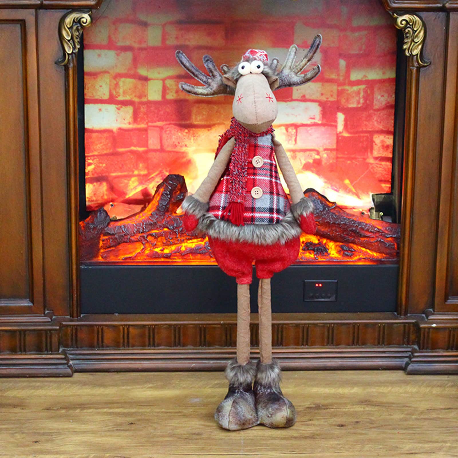 Muñeco navideño de ciervo de patas largas para Navidad, muñeco de peluche retráctil, larga para sentarse, chimenea, decoración de Navidad