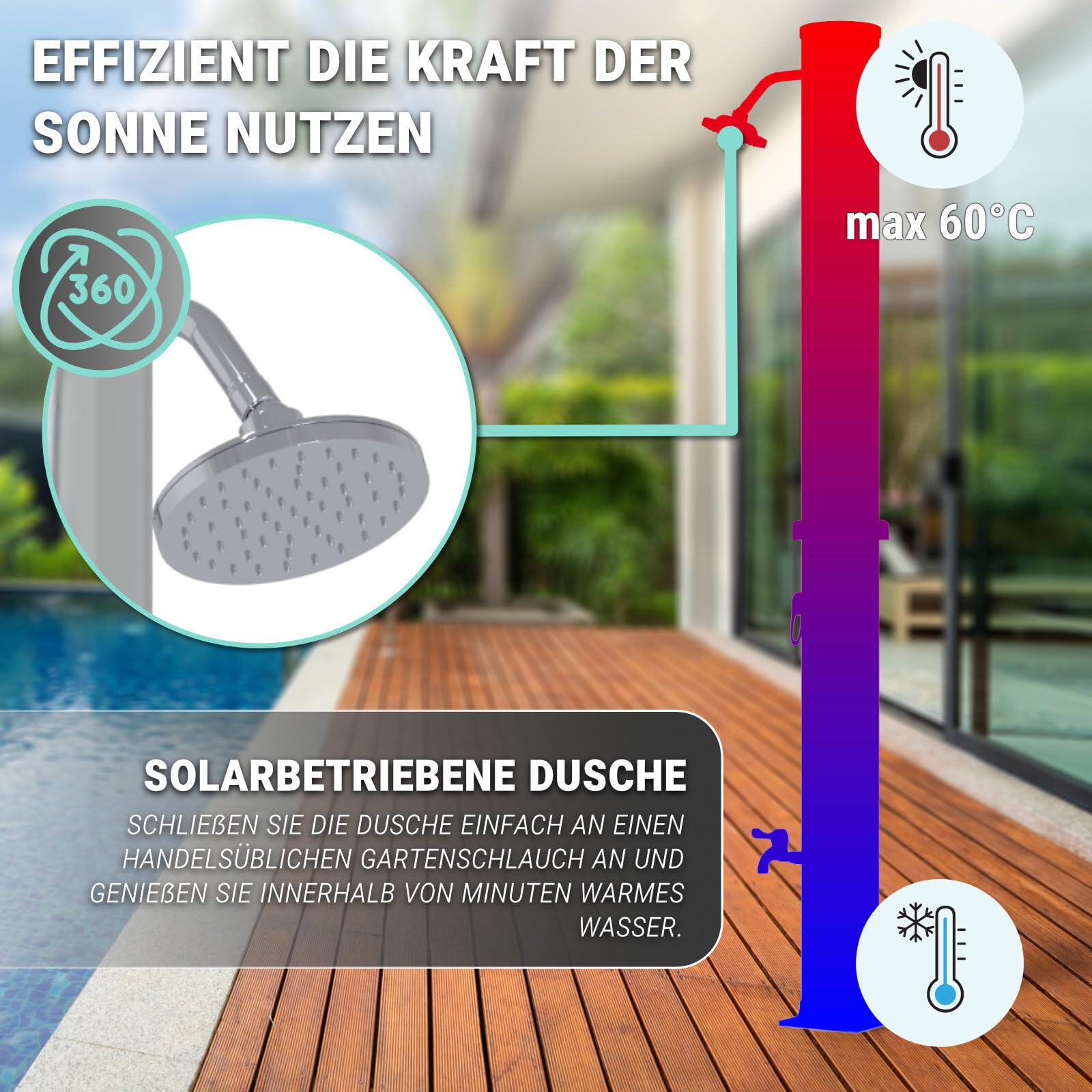 HAGO Solardusche | 35L | rund | Schwarz/Silber | Pooldusche | Campingdusche | Gartendusche | Outdoor Fußdusche | Universal | Stromlos