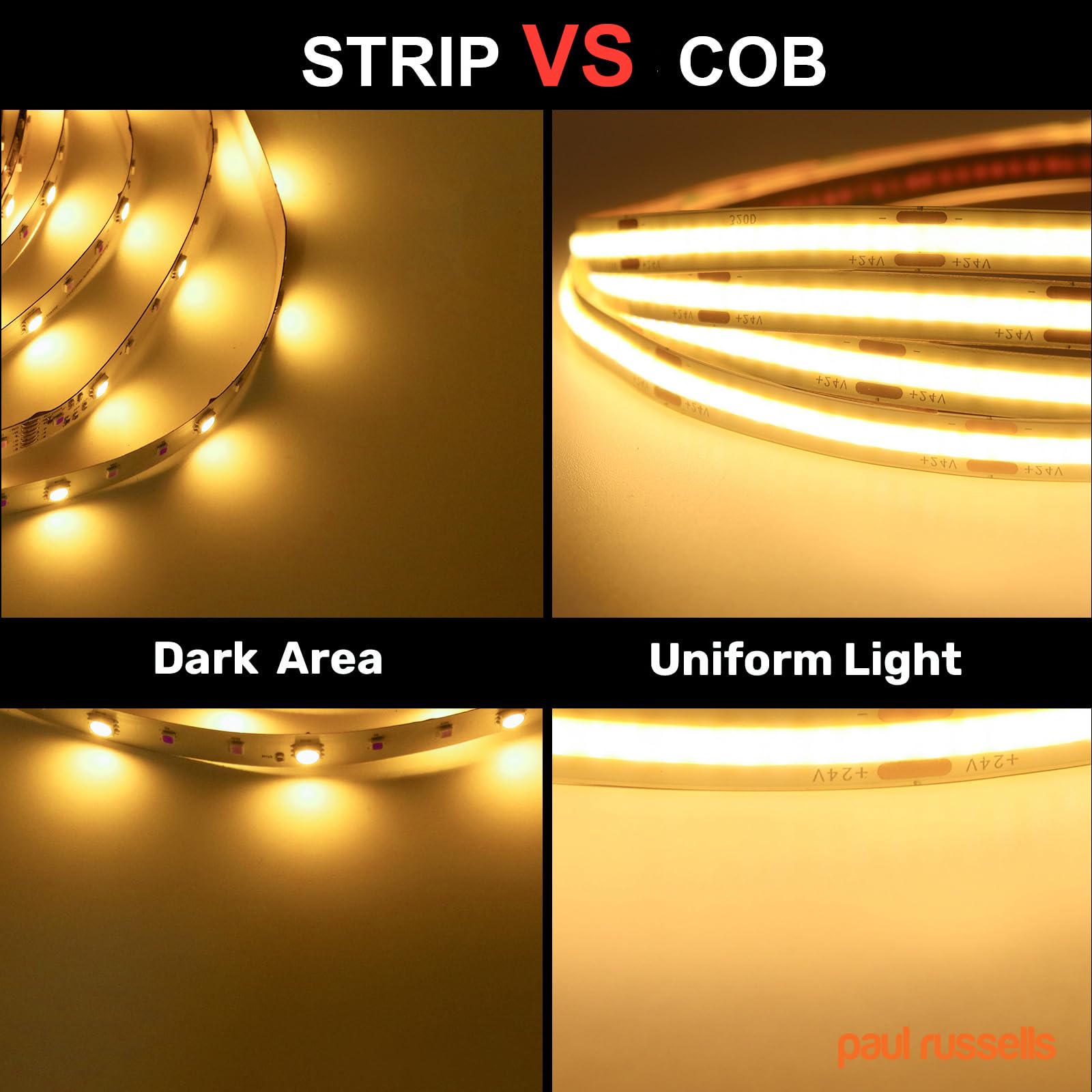 paul russells COB LED Strip Light, 24V- 5Watt/M, 320 LEDs/M, Warm White 3000K, 2300 Lumens, 5M Flexible Tape Light IP20 - Image 3