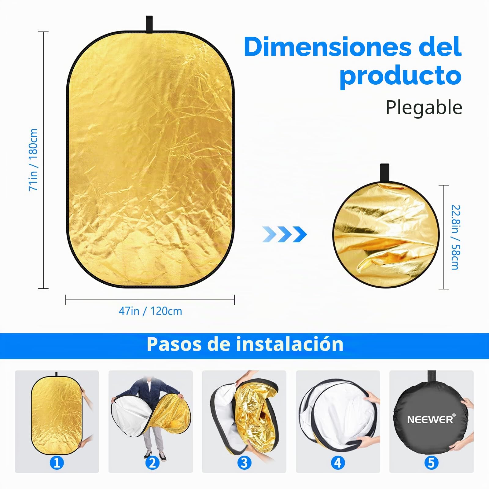 Neewer® Reflector de luz Ovalado 5 en 1, 120 x 180 cm, Plegable, Profesional, con Superficie translúcida, Plata, Negro, Oro, Blanco