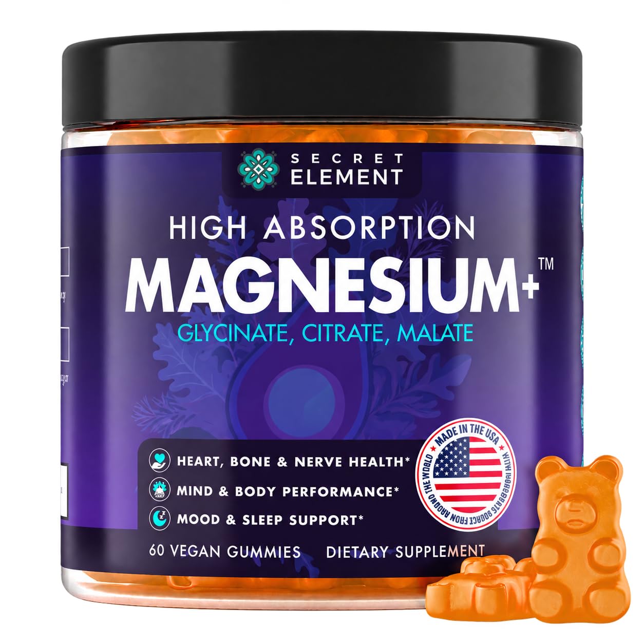 Secret Element Magnesium Glycinate Gummies, Malate, Citrate, Orange, 60 Ct