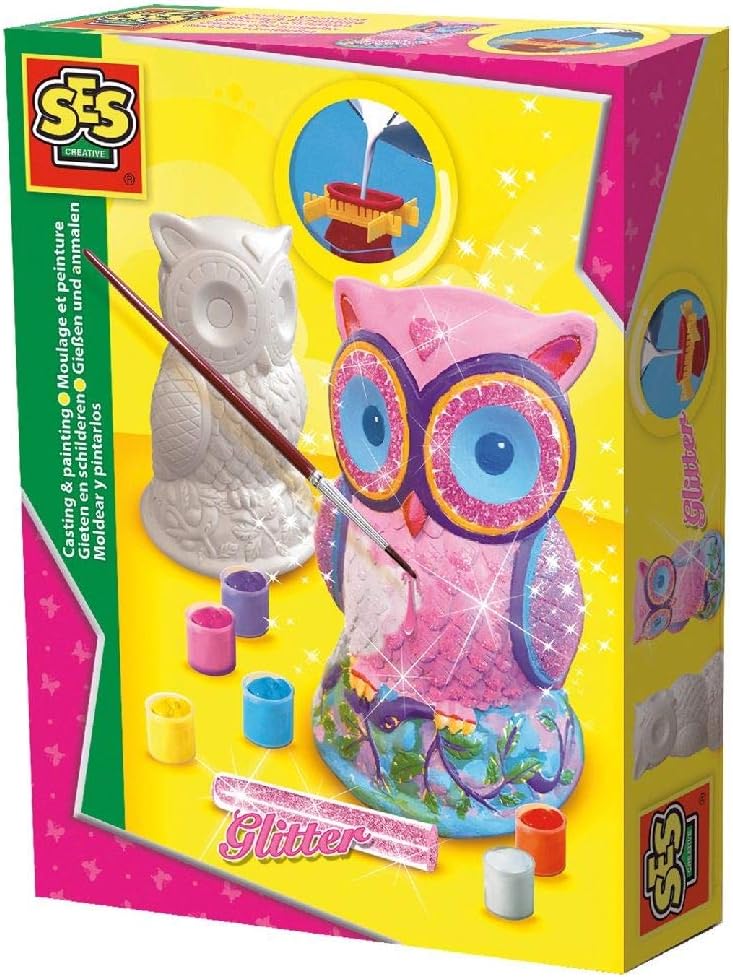 SES 012854 Gießen und Anmalen-Eule Creative 01285-Gipsfigur Glitzer, Multi