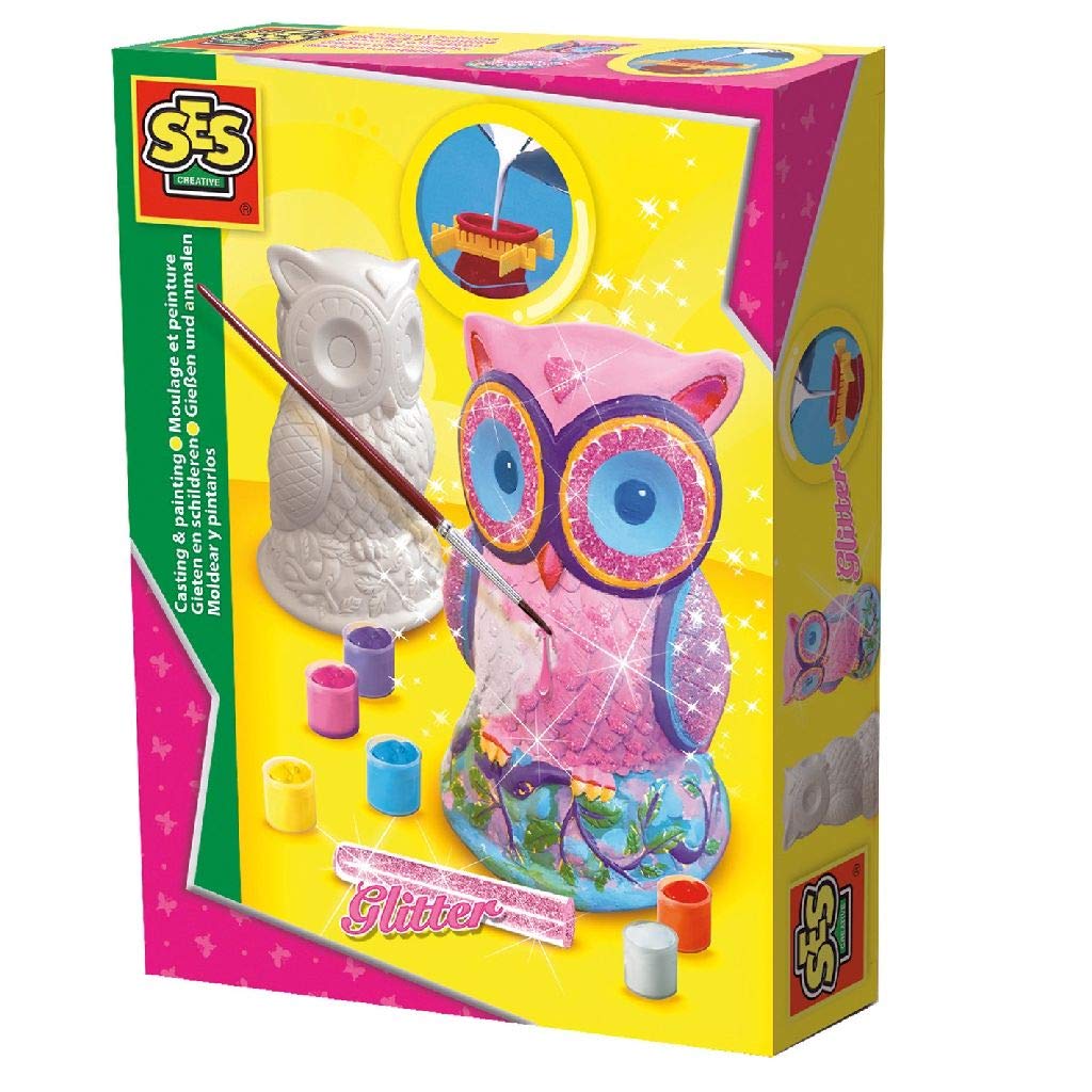 SES 012854 Gießen und Anmalen-Eule Creative 01285-Gipsfigur Glitzer, Multi