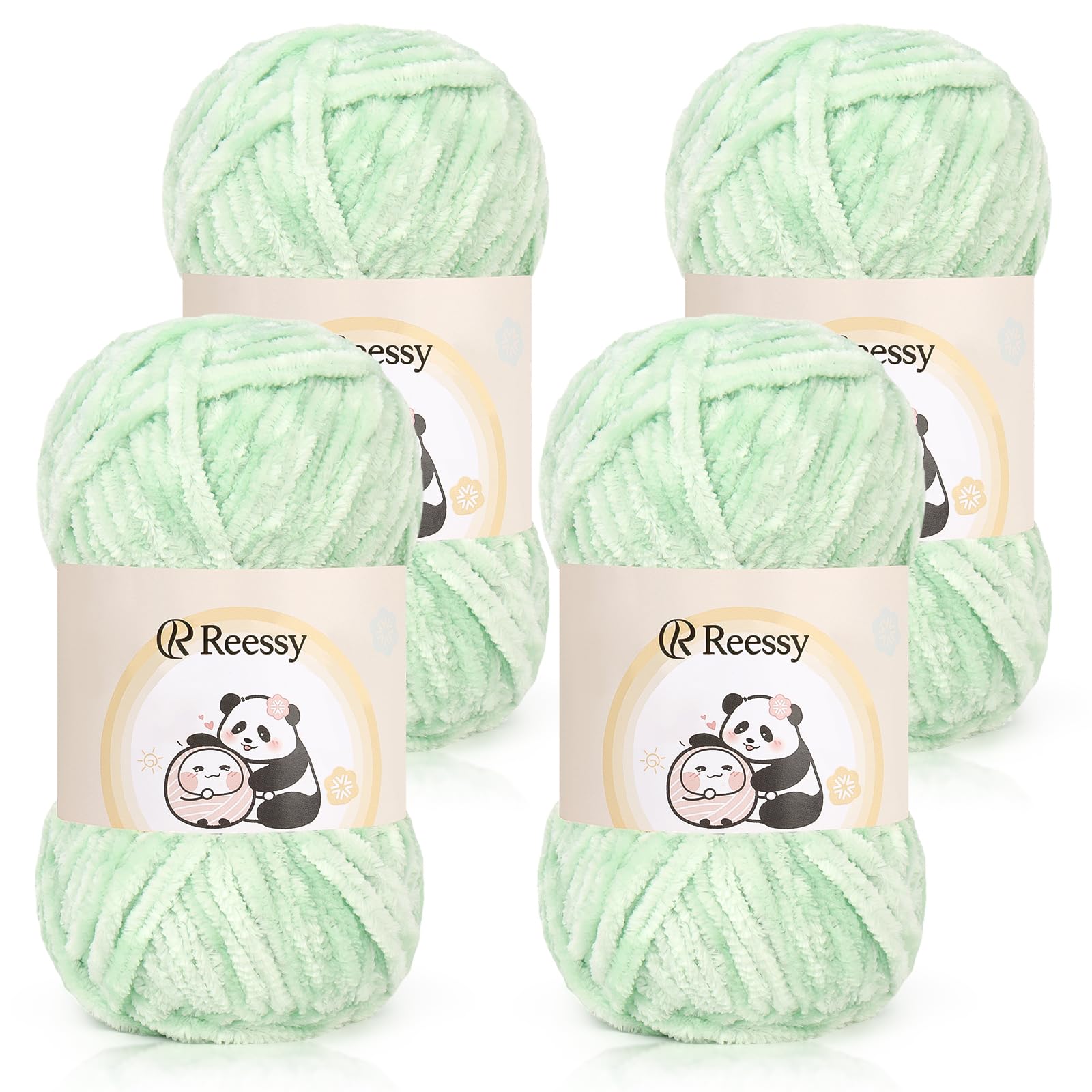 Reessy Chenille Yarn, 4 × 100g Soft Chunky Wool Set, Chunky Chenille Yarn for Crochet, Plush Velvet Fluffy Yarns Thick Knitting Wool for Crcochet Blanket, Handbag, DIY Amigurumi(Light Green)
