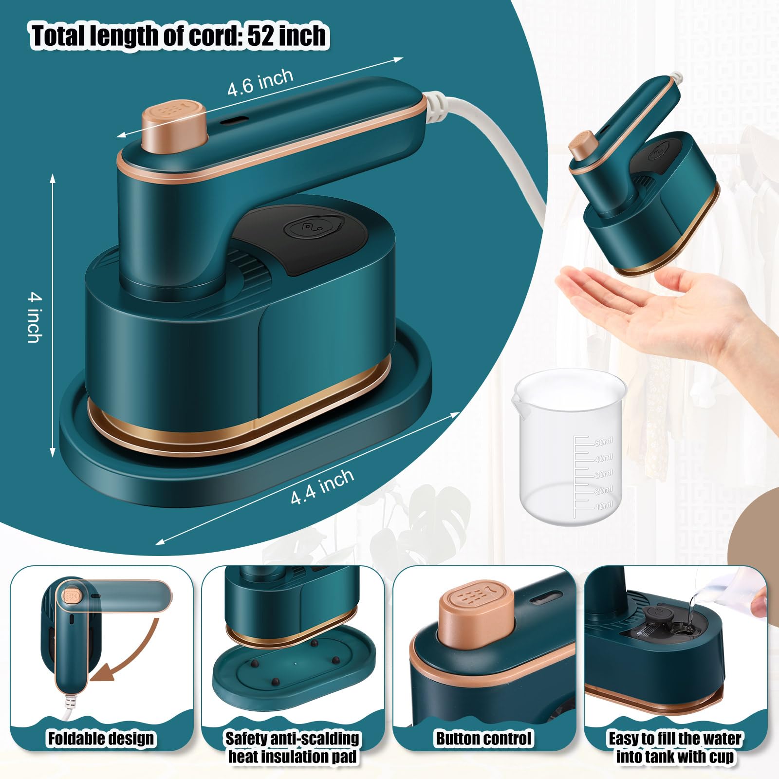 Mini plancha portátil de viaje para ropa, mini plancha de vapor de viaje 3 en 1, plancha de mano giratoria de 180°, plancha portátil de tamaño pequeño, plancha para planchar en seco y húmedo