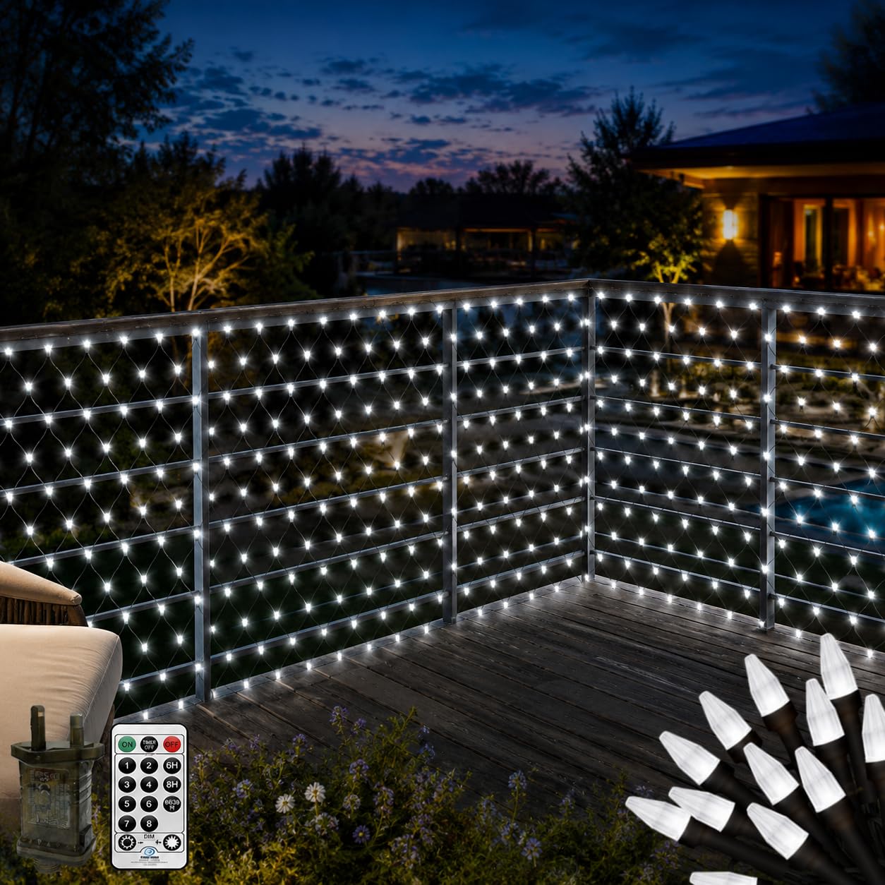 Filet Lumineuse Nettes Extérieure - Avec prise - 6 x 2 m - 300 LED - Étanche - 8 Modes Dimmable - Avec télécommande et minuterie - Décoration Extérieur Mariage Noël Fêteardin Patio Clôture- Blanc