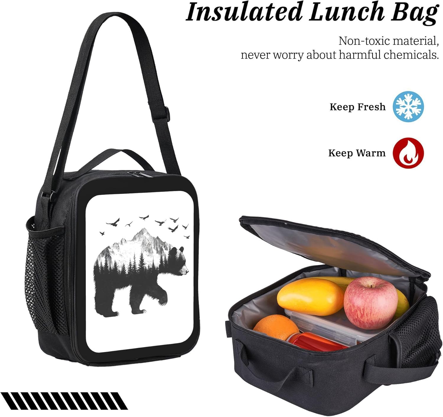 3PCS Backpack for Women & Men Forest Animal Bear Bird Adjustable Back Pack with Lunch Bag and Pencil Case Lightweight Casual Daypack Laptop Rucksack for Travel Work Camping Outdoor