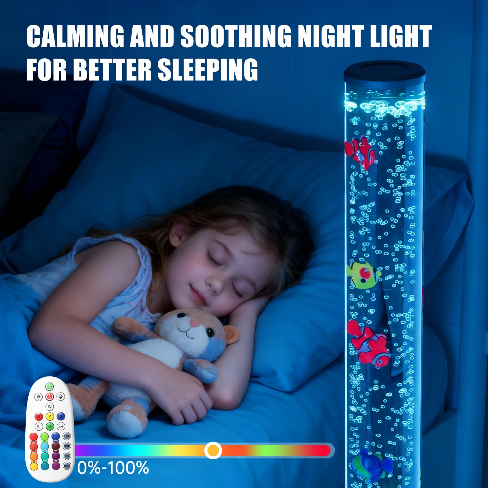 4-Foot Sensory Bubble Tube Floor Lamp – Calming Fish Tank Nightlight With Remote, 10 Sea Creatures, For Kids With ADHD, Autism, Or Bedroom Decor