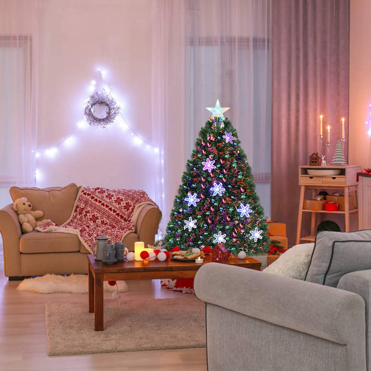 COSTWAY Albero di Natale 90/120/150/180 cm, Albero di Natale Artificiale con Luci LED, Rami Densi, Stelle Luminosi e Fibre Ottiche, Decorazione Natalizia per Casa, Ufficio e Negozio (120 cm)