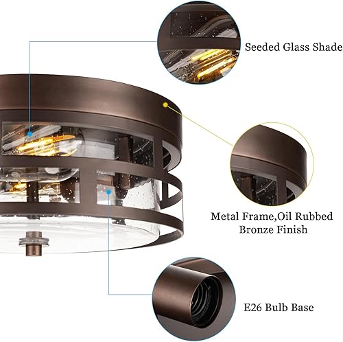 Miniatura 3 de ROS61A ORB - Lámpara de techo de montaje empotrado, 12 pulgadas, 2 luces, moderna, rústica, cerca del techo, con vidrio sembrado, para dormitorio,