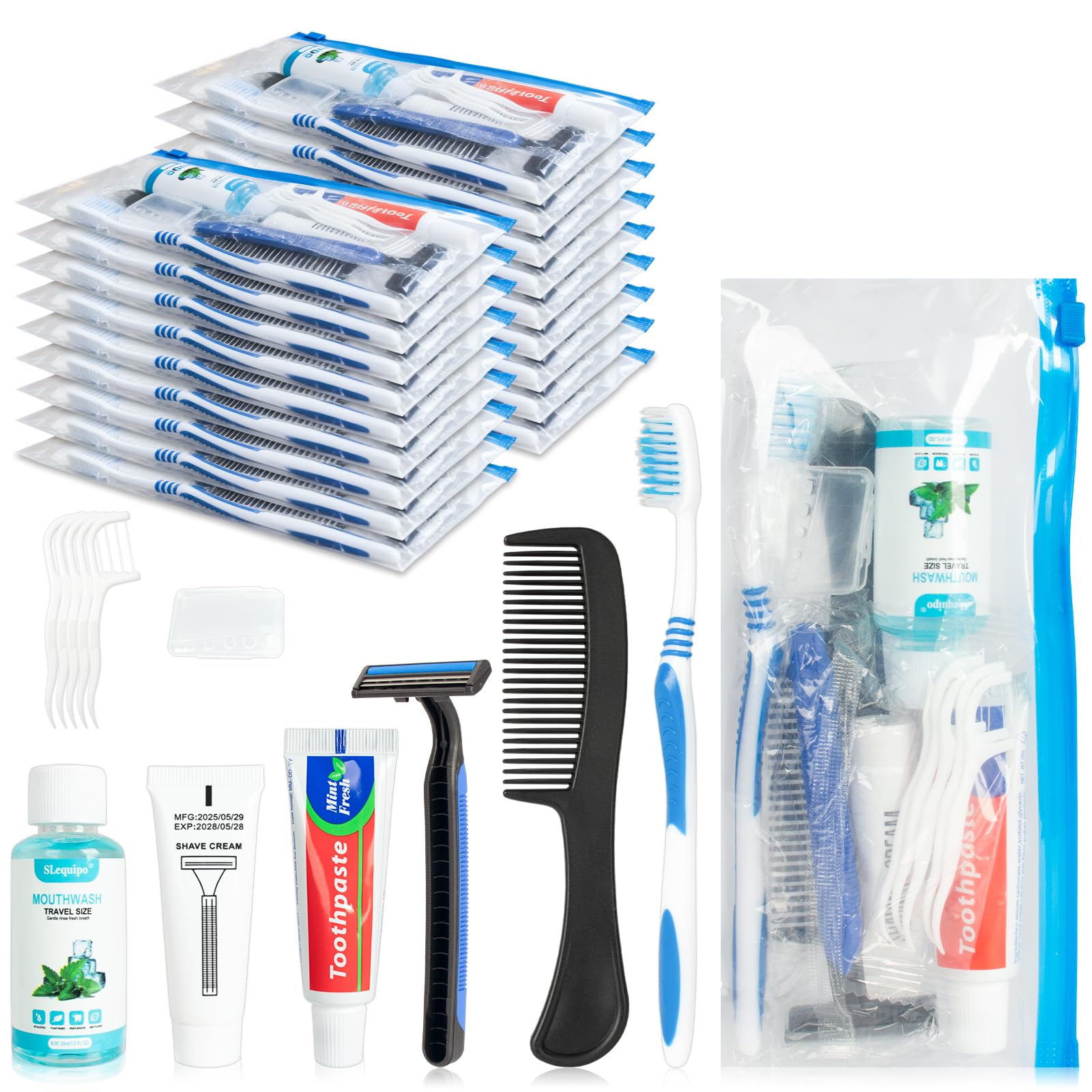 Travel Toothbrush Kit Bulk Disposable Toothbrush with Toothpaste Set with Mouthwash,Toothpaste,Shaver,Shaving Cream,Comb,Zip Bag,Floss Picks,Toothbrushes for Homeless Travel (30)