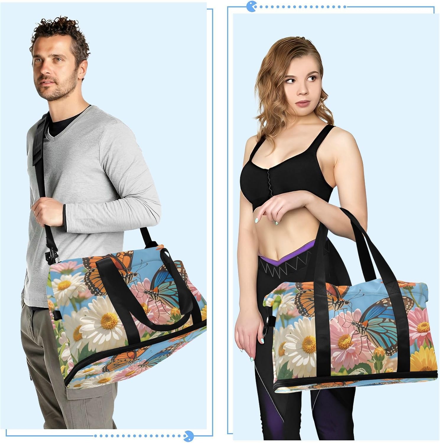 Summer White Pink Daisies Butterfly Travel Bag Sports Gym Tote Bag with Toiletry Bag for Trekking Waterproof