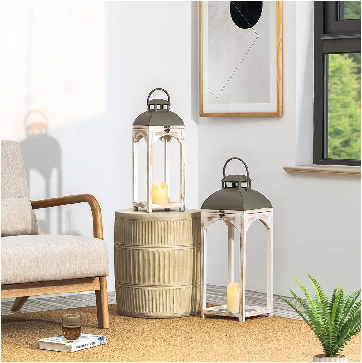 Diamond White Painted Wood Hanging Tabletop Candle Lantern Set