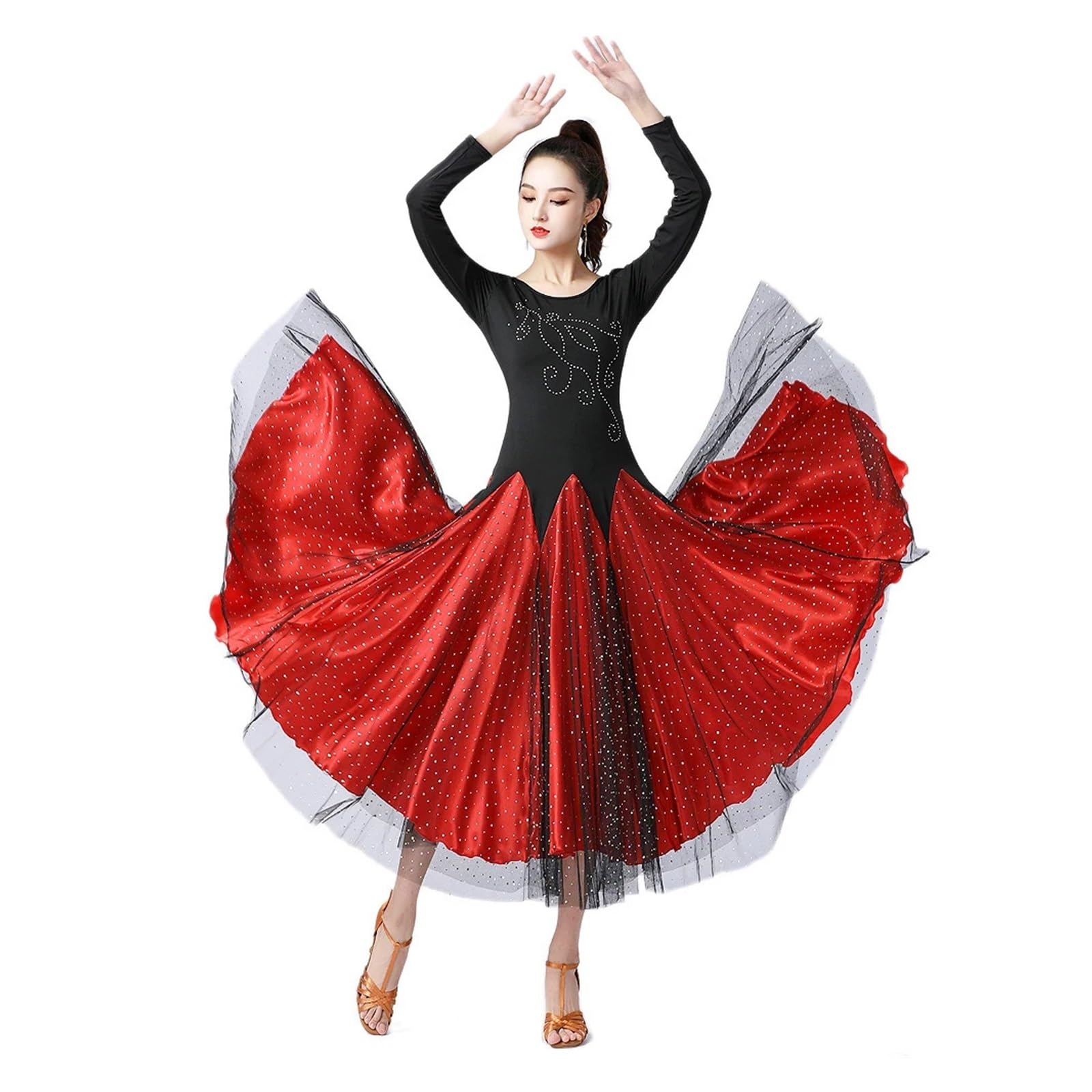 Ballkleider für Damen Walzerkleid Langarm Ballsaal Standard Wettkampftanzkleid Walzer Line Dance Kleidung(Red,XXXL)