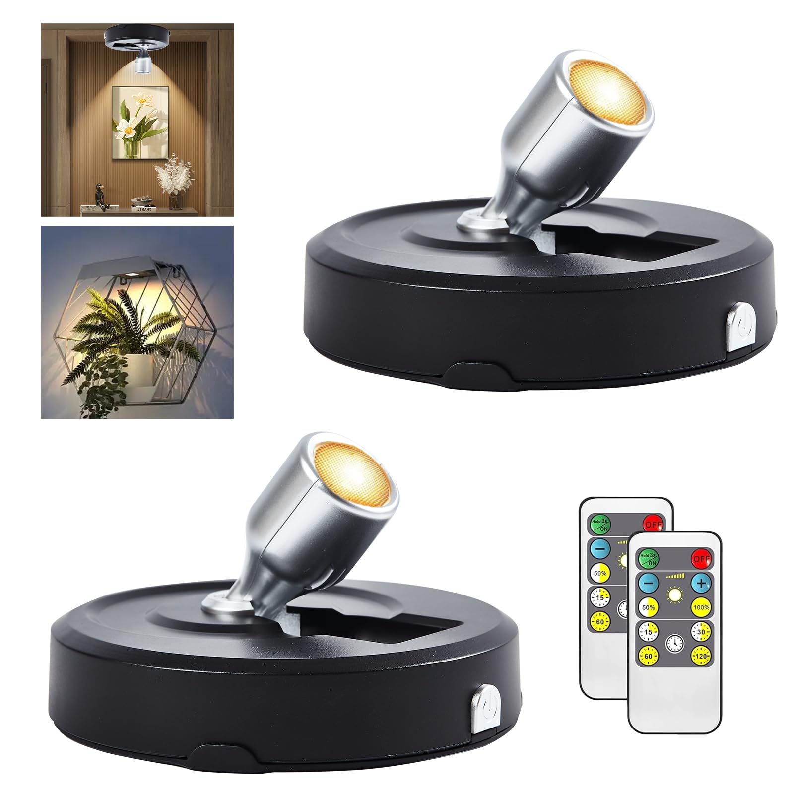 RAHAN Battery Powered Picture Lights, 2Pack LED Spotlight, Uplighting Indoor Puck Lights with Remote, Stick Spotlights for Wall Display Picture Painting Artwork Accent Dartboard