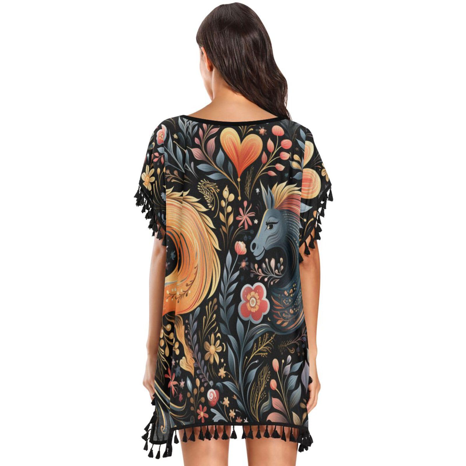 Horses Hearts Patterns Art Women's Beach Cover Up Chiffon Tassel Swimwear Swimsuit Coverups for Girl