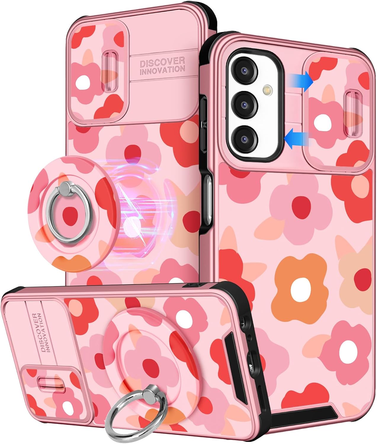 Buleens for Samsung Galaxy A15 5G Phone Case 6.5 Inch - with Ring Stand & Camera Cover Cute Designed Women Girls Girly Pretty Floral Flowers for Samsung Galaxy A15 5G Case Compatible with Magsafe Pink Flowers for Samsung A15 5G