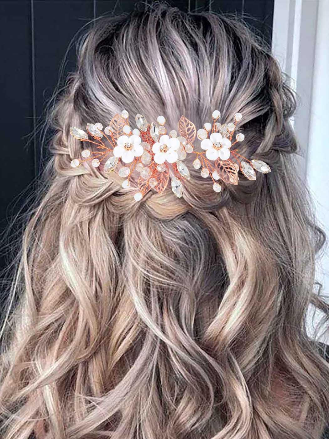 Unicra Silver Flower Bride Wedding Hair Vine Leaf Bridal Hair Piece Rhinestone Hair Accessories Beaded Headpieces Jewelry for Women and Girls (Rose Gold)
