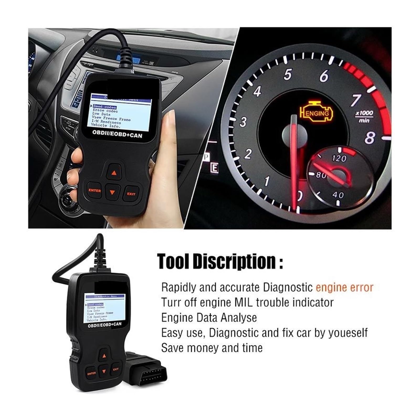 Herramienta de diagnóstico del escáner OBD2 AD310 con prueba batería escaneo lector códigos luz motor automóvil mejorada