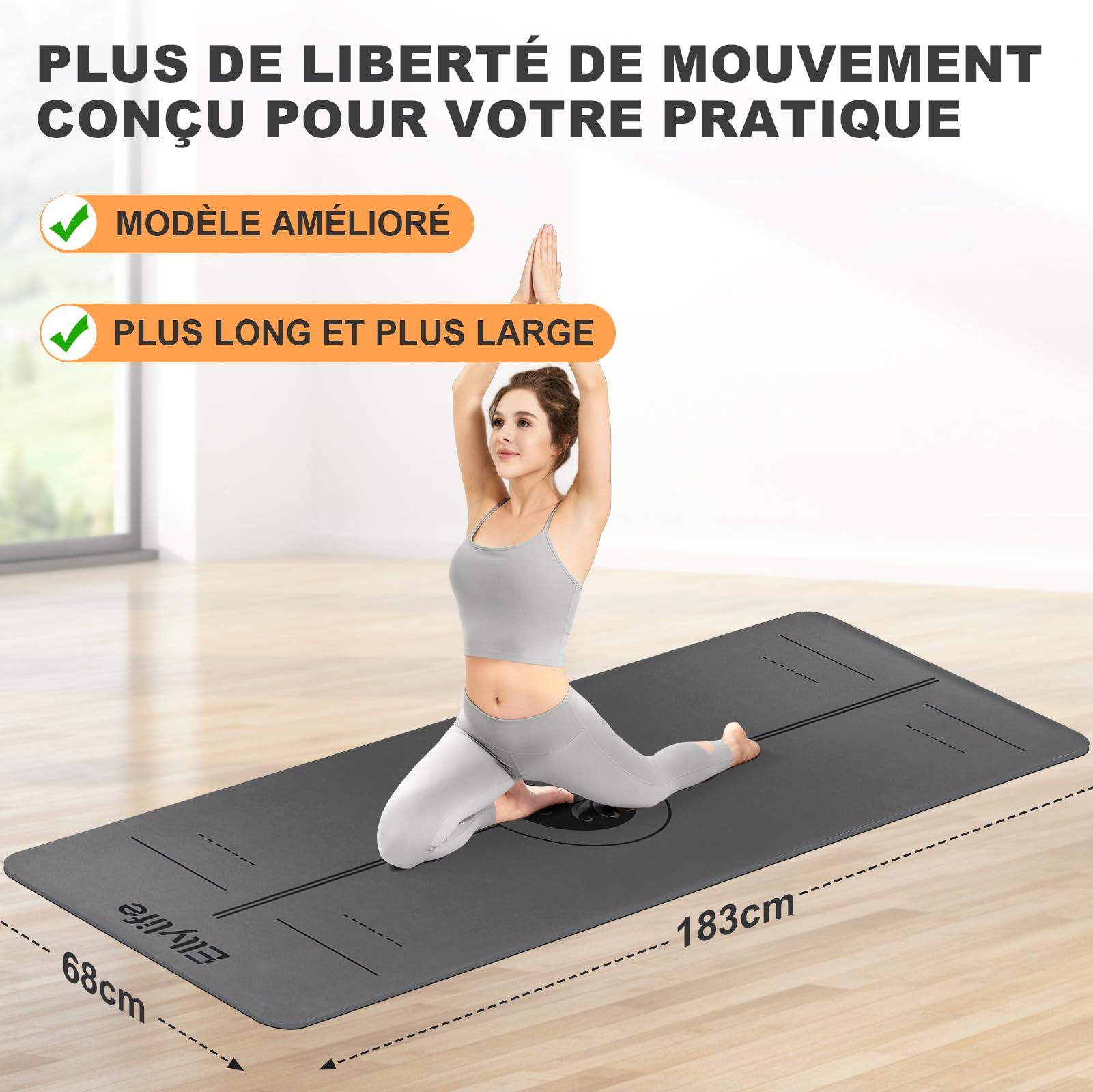 Tapis de Yoga Antidérapant Epais, avec Repères d’Alignement, Caoutchouc Naturel + Eco PU ou TPE, Doux pour la peau, Adhérence Élevée, avec Sangle, Sac à Dos et Emballage Élégant, pour Yoga Pilates