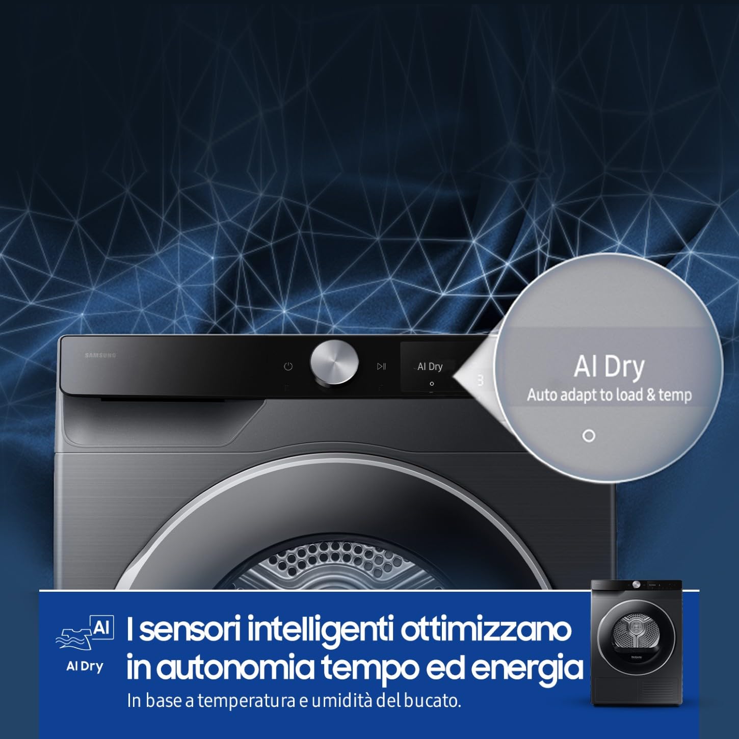 Samsung Asciugatrice Ai Control F-DT90DG68LB3M, 9 kg, Pompa di Calore, Wifi, QuickDrive, AI Dry, Sensore Optimal Dry, Display AI Control, 3 Mesi Garanzia Extra, Carica Frontale, 60L x 85H x 60P cm