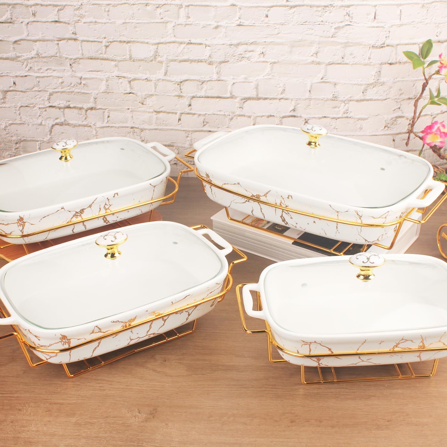 Plat à gratin en porcelaine avec couvercle en verre et grille - 2200 ml - Plat à soupe pour buffet - Plat à gratin pour conserver les aliments pour les fêtes