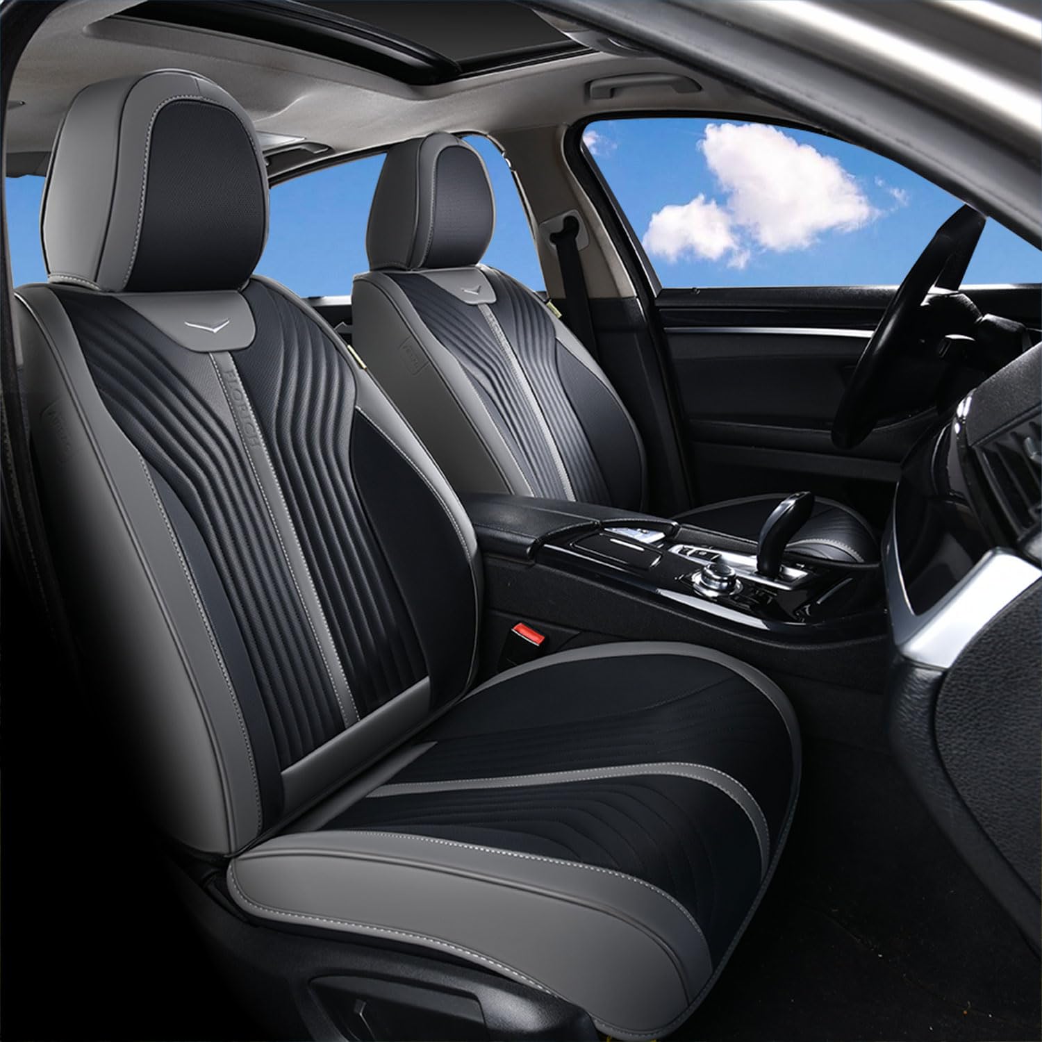 FLORICH Car Seat Cover Front Seats Leather Full Coverage Car Seat Covers Car Seat Protector Waterproof Seat Cushion Universal Fit for Most Cars Trucks SUV, Gray&Black