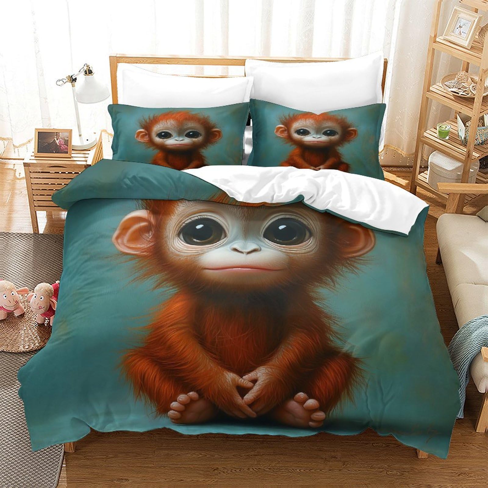 P1S9U7W5Y Adorable Animal 3D Printed Cartoon Monkey Duvet Cover Set 3pcs Microfiber Bedroom Bedding Set King（220x240cm）