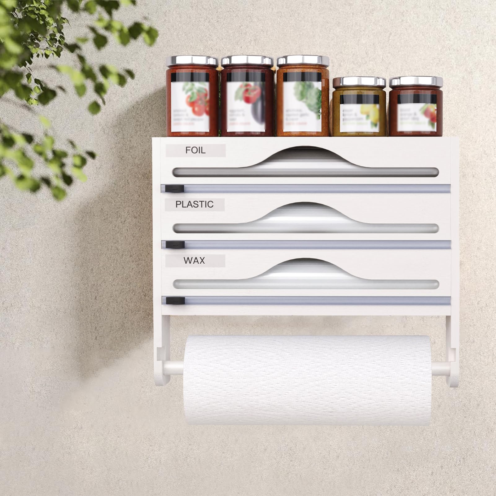 Dispensador Papel Aluminio y Film con Portarrollos Papel Cocina y Estante para Especias, Porta Rollos de Papel Cocina de Bambú, Organizador Papel Aluminio y Film de 30cm de Largo