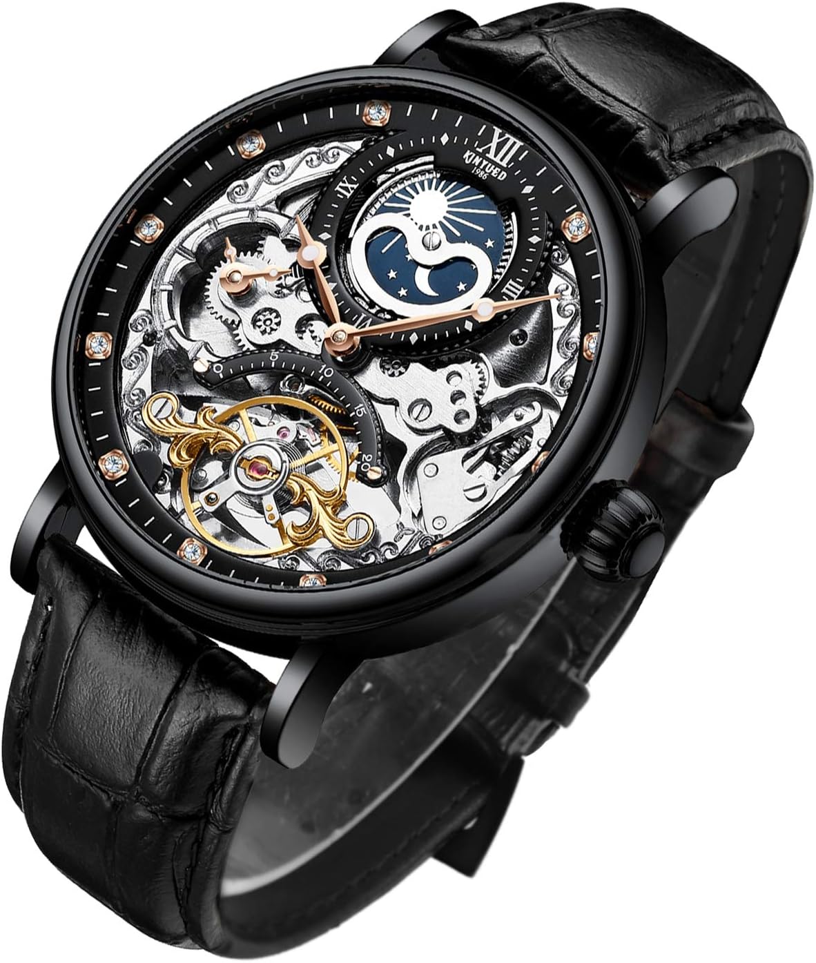 Bestn Wristwatches for Men self-Winding Allochroic Luminous Hands Skeleton Mechanical Black Watch Leather black①