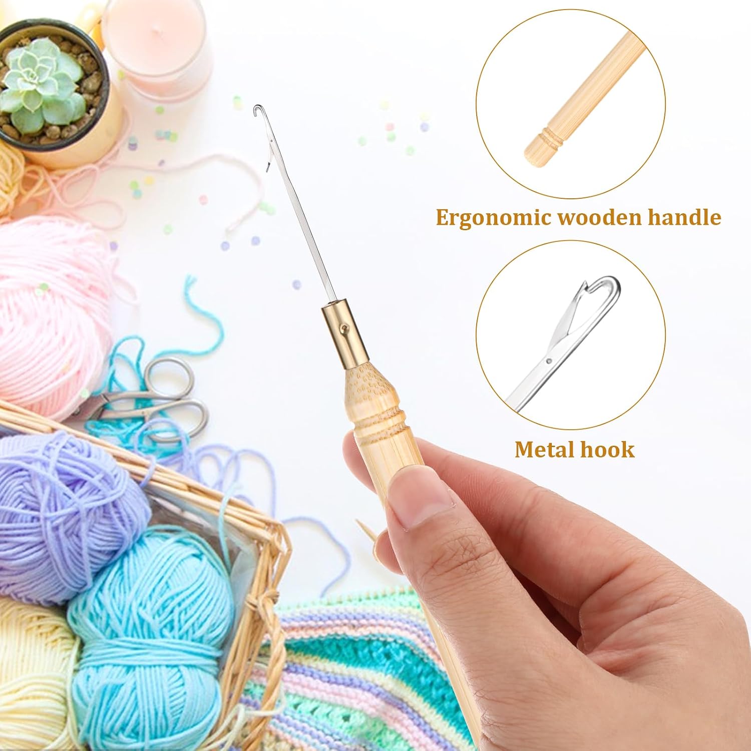 3 PCS Crochet Needles for Hair, Wooden Pulling Hook Crochet Hair Hooks for Wire Extension, Knitting Needles, Dreadlocks, and Feather Installations, Latch Hook Needle