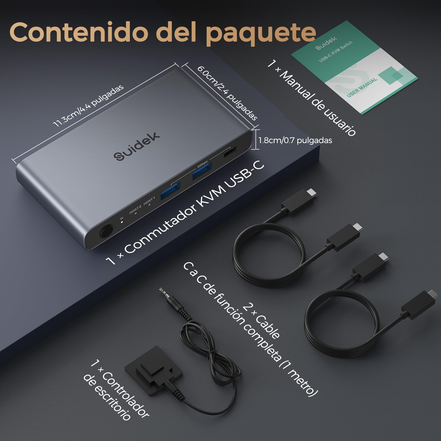 USB-C KVM Switch para 2 Ordenadores y 1 Monitor (4K@60Hz), Conmutador KVM con 2 Puertos USB A y 1 Puerto USB C, para Compartir 1 Monitor/Teclado/Ratón entre 2 Consolas u Ordenadores, Carga PD 100W