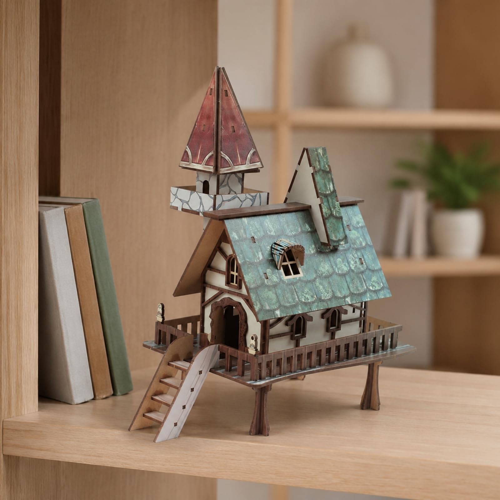 Maqueta 3D Casa Hadas Tallado con Torreta y Chimenea Creativo Adorno para Dormitorio