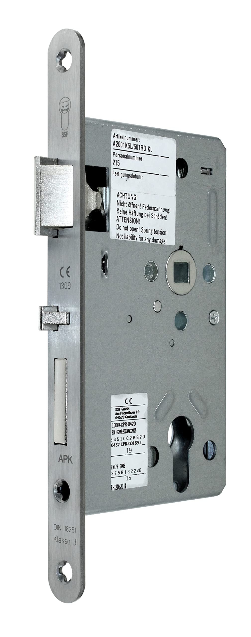 SSF Automatik FH Panikschloss Türschloss Selbstverriegelnd für Profilzylinder 65/72/9, Edelstahl Stulp: 20 x 235mm abgerundet incl. SN-TEC Montagematerial (DIN LINKS)
