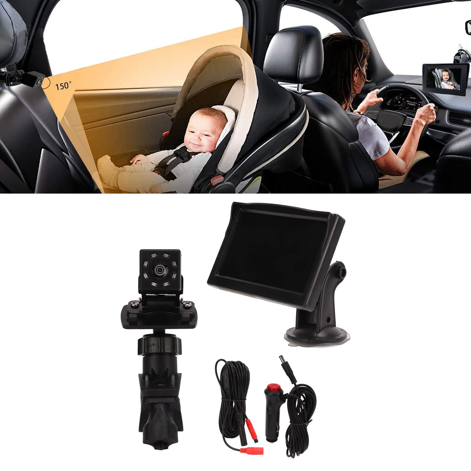 Monitor de Coche para bebé, Monitor de Asiento de Coche para bebé de 5 Pulgadas, Pantalla HD, CC 12 V, Resistente Al Agua, Grabadora de Cámara Trasera para Coche, Camión, SUV