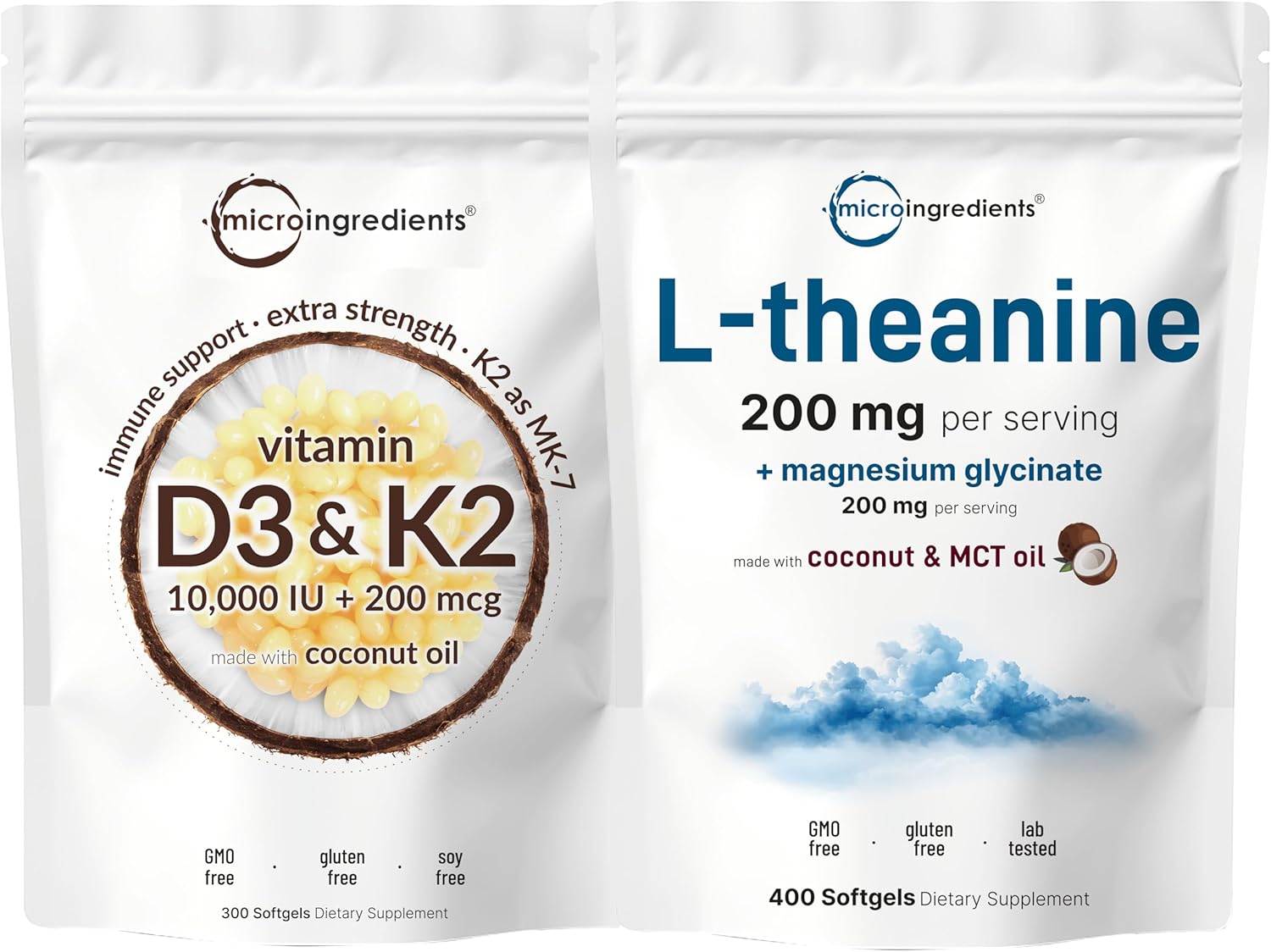 Micro Ingredients Vitamin D3 10,000iu + K2 200mcg & L-Theanine 200mg with Magnesium Glycinate Bundle 2 Pack | Coconut MCT Oil Infused Softgels | Amino Acid & Mineral Complex