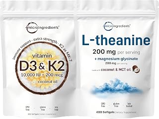 Micro Ingredients Vitamin D3 10,000iu + K2 200mcg & L-Theanine 200mg with Magnesium Glycinate Bundle 2 Pack | Coconut MCT Oil Infused Softgels | Amino Acid & Mineral Complex