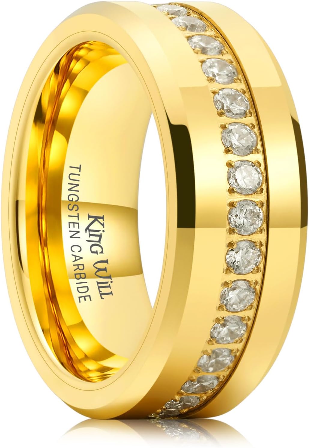 King Will 8mm Tungsten Carbide Wedding Band for Men, Polished White Cubic Zircon Stones Inlay, Comfort Fit Rings for Men Wedding, Engagement and Anniversary