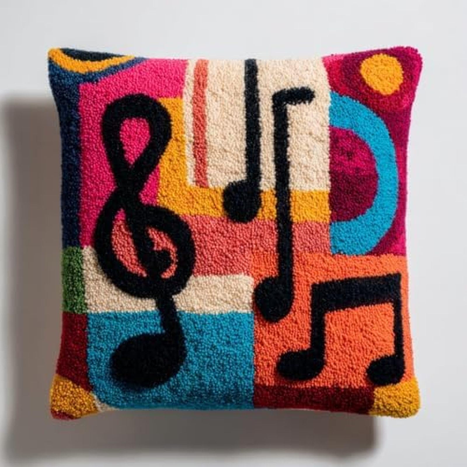 kitphoenix DIY Latch Hook Cushion Kit Music Notation,Beginner-Friendly Rug Hooking Pillow Kit,Crochet Craft Cushion Cover for Home Decor,43x43 cm