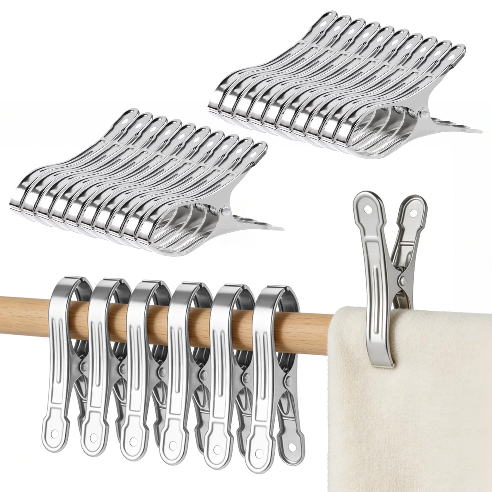20 PcsPinzas Toalla Playa Tumbona, Pinzas Grandes para Sujetar, Pinzas para Toallas de Playa de Acero Inoxidable, Pinza para Edredón de Acero INOX Multiusos para Edredones Secado de Ropas