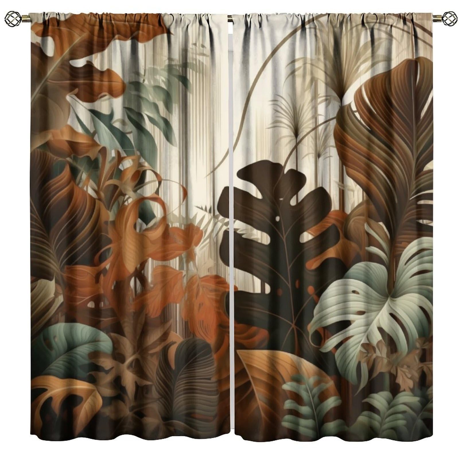 BenYaSong Brown Leaf Blackout Window Curtain, Earthy Jungle Exotic Leaves on Mid Century Modern Circles Vintage Botany for Home Kitchen Restaurant Decoration Window Drapes 2Panel 63" W X 63" L