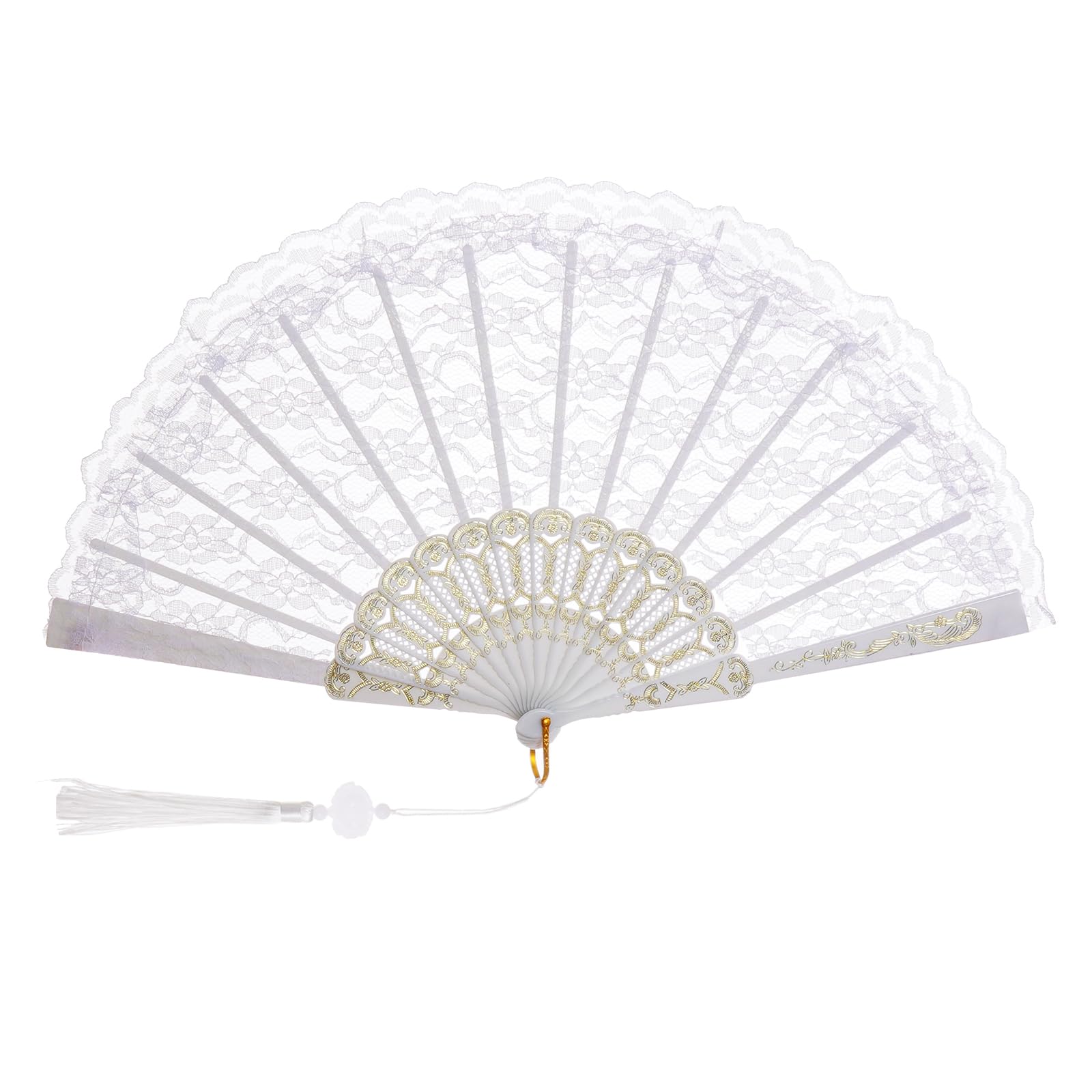 Photo 1 of Jmkcoz Lace Handheld Folding Fan Embroidered Flower Bridal Hand Fan Chinese Japanese Vintage Fan for 1920s Costume Wedding Dancing Tea Party (1, White)