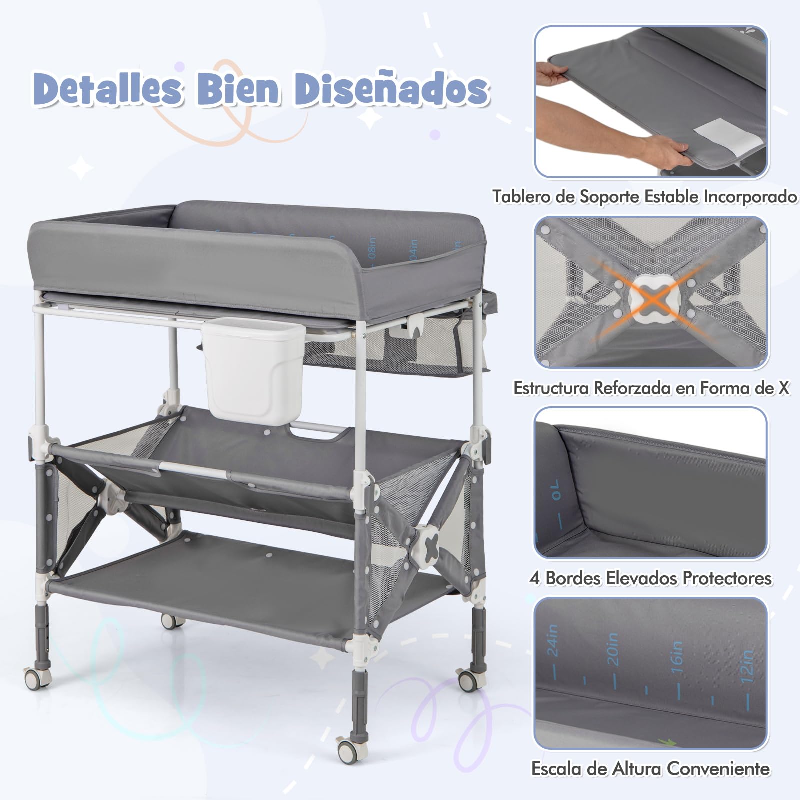 GOPLUS Cambiador Portátil para Bebés, Centro para Cuidado Infantil con Altura Ajustable, Cubierta Impermeable, Estantes y Papelera, Estación Plegable para Pañales con Ruedas (Gris)