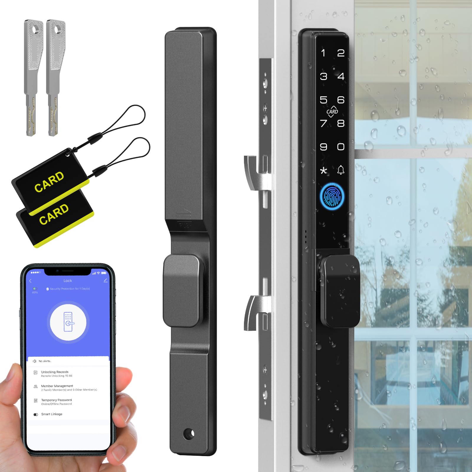 Photo 1 of Sliding Door Smart Lock, Eseesmart Sliding Glass Door Lock with Fingerprint, Smart Mortise Lock with APP IC Card Code Keys, Patio Door Double Hook 2085 Mortise Lock Set with Handle