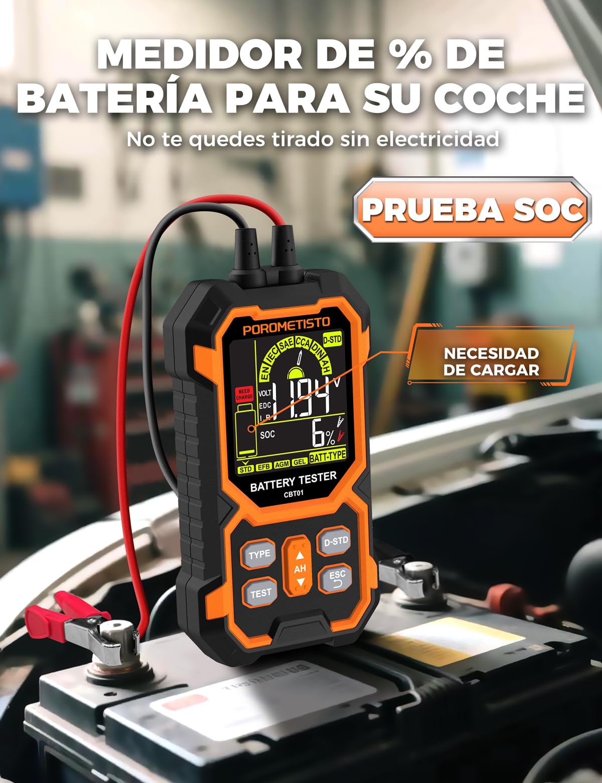 Comprobador De Baterias de Coche POROMETISTO CBT01 | Probador batería 12V/24V 50-1999 CCA. Para autos, motos, 4x4. Mide V, resistencia, CCA, SOC, SOH. Para aficionados y pros