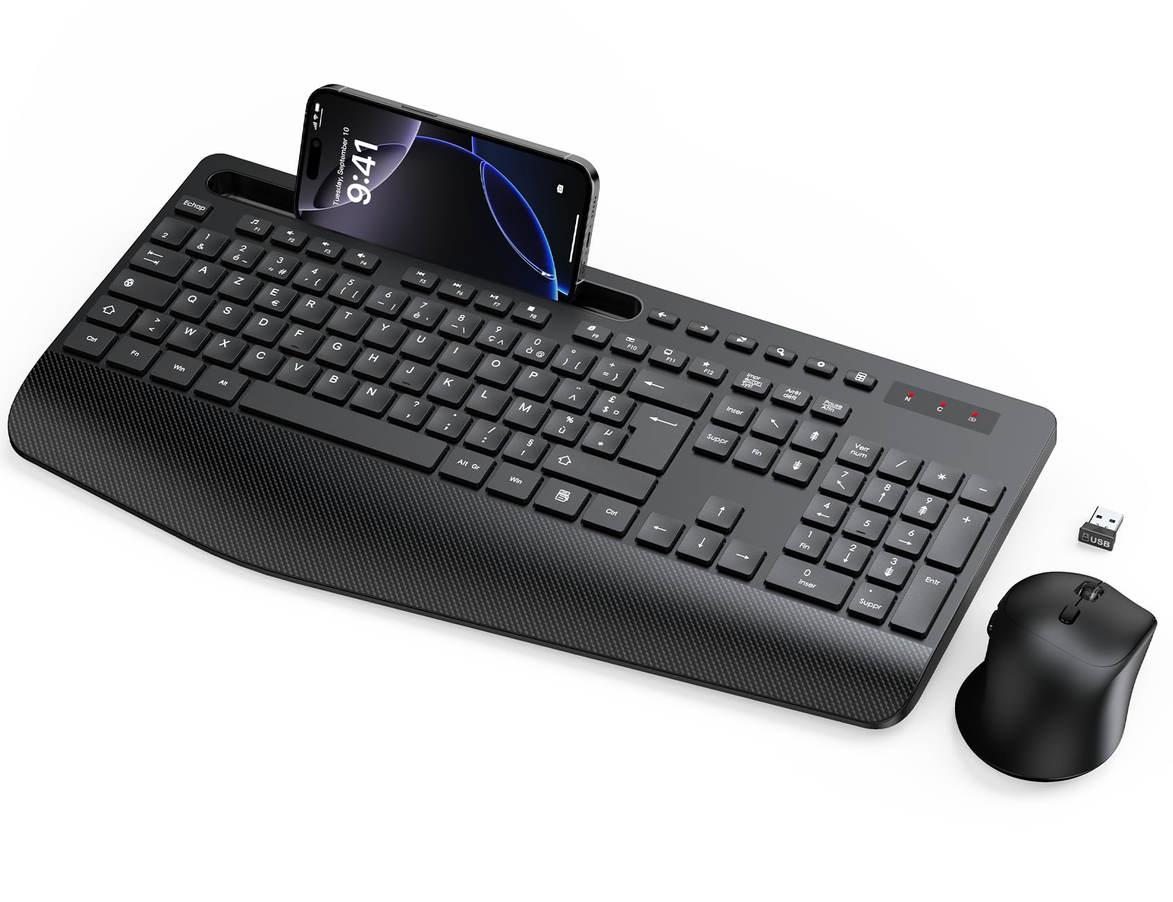 Ensemble Clavier et Souris sans Fil, Ergonomique Pleine Taille Clavier avec Repose-Poignet, Support, Mode Veille, 2,4 GHz Silencieux Clavier Souris pour Windows, PC, Laptop, AZERTY-KM23 (Noir)