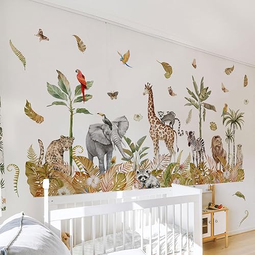 Large Safari Animals Boho Tropical Rainforest Leaves Tree Wall Stickers Jungle Animals Giraffe Elephant Lion Leopard Parrot Wall Decals for Living