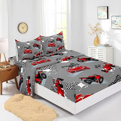 Miniatura 3 de Axolotl Juego de sábanas de auto de carreras para niños, tamaño individual, juego de sábanas de auto de carreras rojo, 4 piezas con 1 sábana bajera,