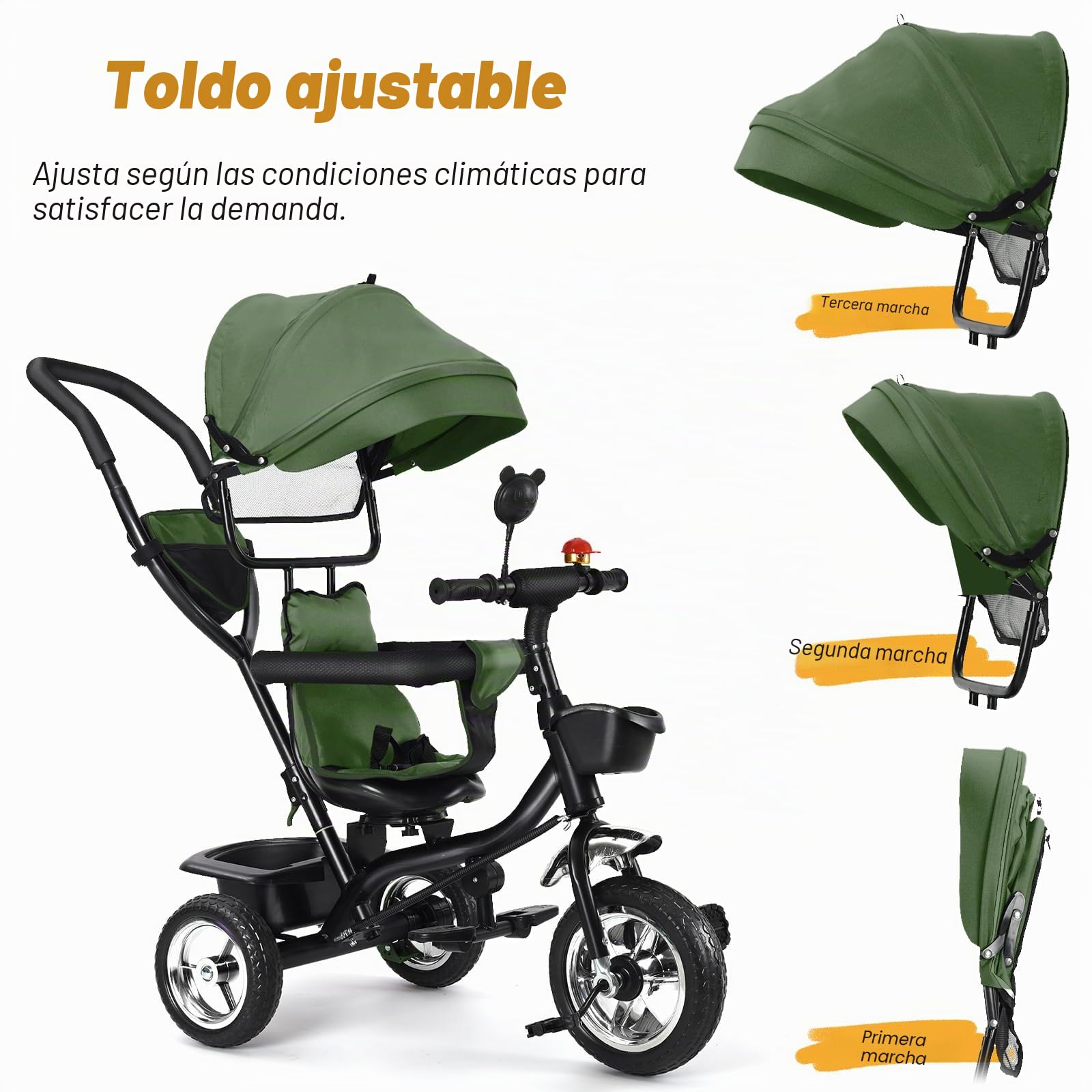 OHMG Triciclo bebé evolutivo 5 en 1 bicicleta. Silla de paseo con mango de empuje, toldo desmontable, cinturón de seguridad de 5 puntos, almacenamiento, reposapiés, freno, para niños de 1 a 5 años