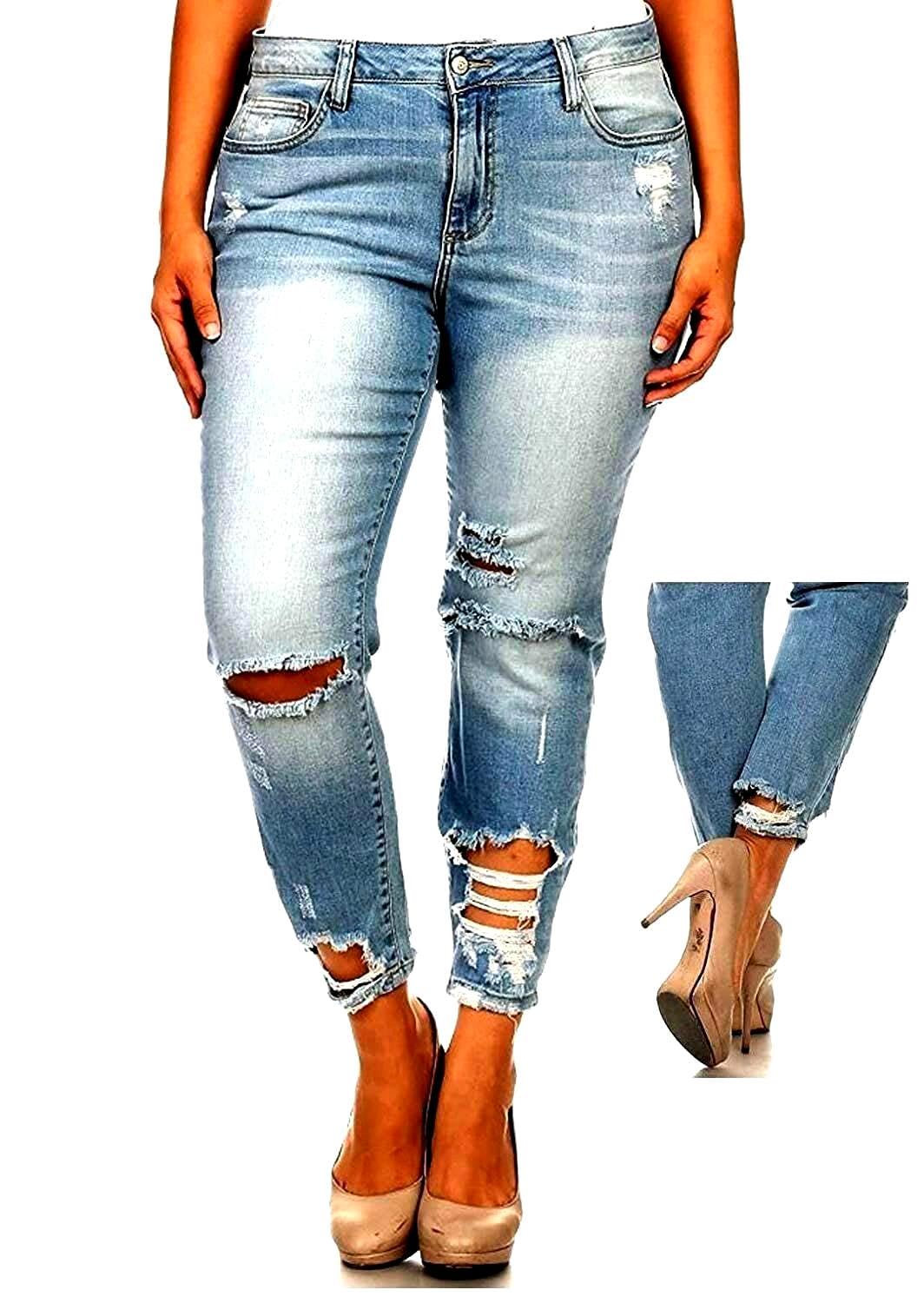 Jack David Womens Plus Size Stretch Distressed Ripped Blue Skinny Denim Jeans